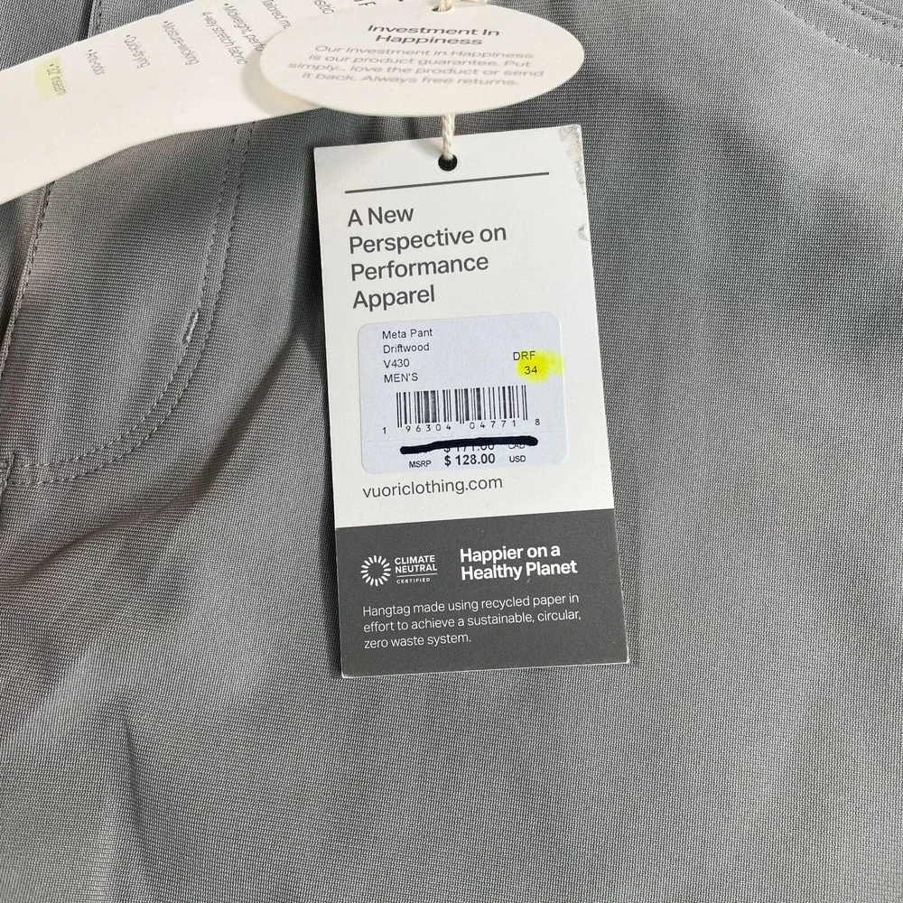 Vuori Meta Pants Men 34x27 Driftwood Athletic Slim Fit 5-Pocket Stretch NWT $128